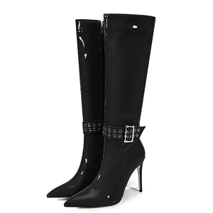 Bottes longues à talon aiguille brillant taille 47, ajustement large, avec boucles métalliques, pour femme - Product Image 5