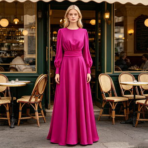 <span class=keywords><strong>Robe</strong></span> de soirée modeste en satin fuchsia à col rond, manches longues bouffantes, ceinture à nouer, coupe trapèze, longueur ras du sol, pour <span class=keywords><strong>femme</strong></span>, sur mesure - Product Image 1
