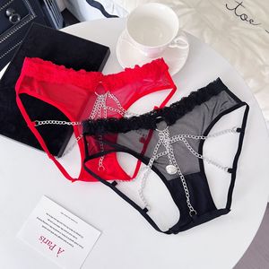 Tanga de malla transparente de cintura baja para mujer, sexy, de alta gama, con entrepierna abierta, en negro y rojo - Product Image 1