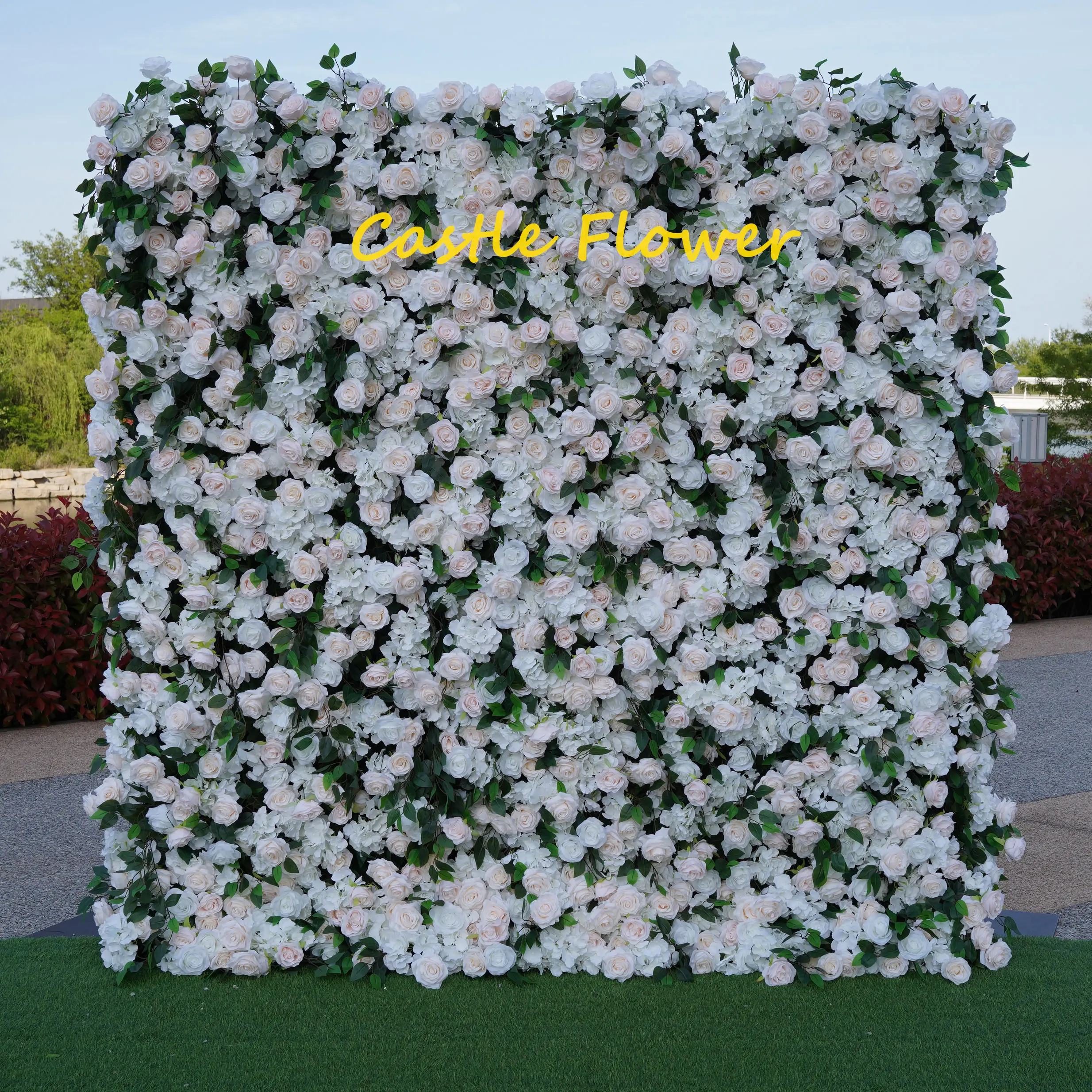 O-W028工場メーカー白い花の壁の装飾結婚式のイベント小道具ロールアップ造花の壁の背景8フィートx8フィート