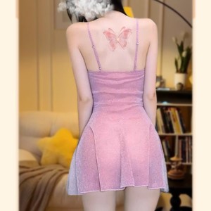 Golden Shuttle Fun Lingerie Deep V-Neck Spaghetti Strap Sparkling Dress Fiery <b>Red</b> Sheath Translucent Nightclub <b>Queen</b> 8119 - Product Image 3