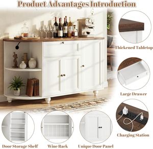 Mueble <span class=keywords><strong>Bar</strong></span> para Café y Vino de Madera con Tomacorriente, Estación de Carga Ajustable, Diseño Industrial, 2 Estantes, Mueble para el Hogar, Estante para Copas de Vino - Product Image 3
