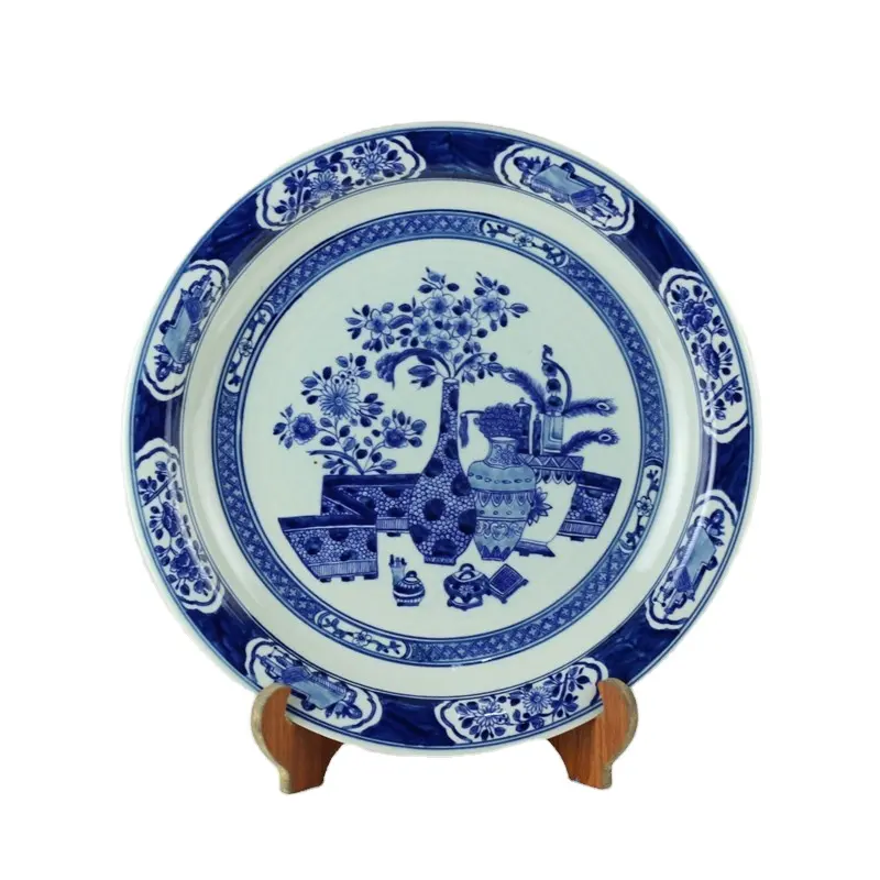 16.3インチの手描きの中国の装飾青と白のプレート