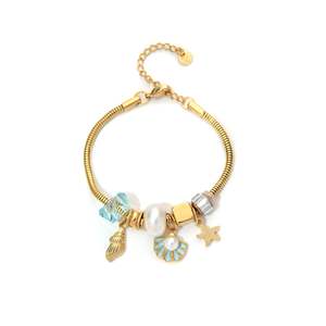 Bracelet fin avec breloques en acier inoxydable 316L plaqué or PVD, avec perles, coquillages et étoiles de mer, pour femmes - Product Image 1