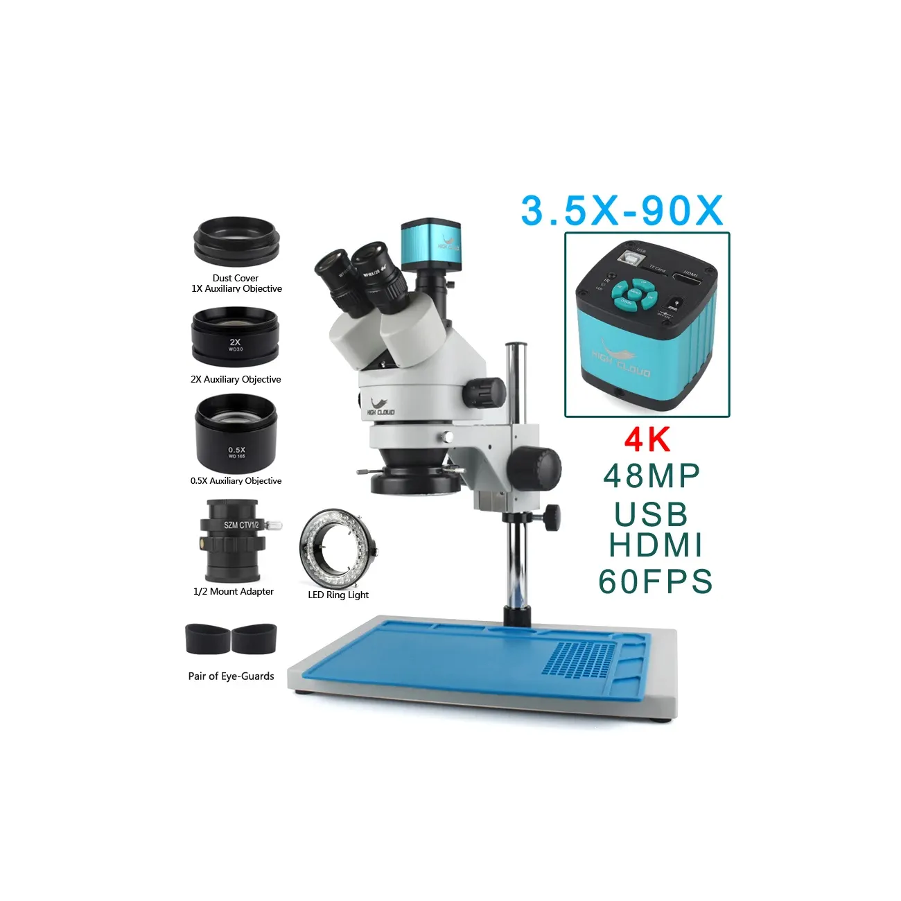 3.5X-90X Caméra Microscope Numérique 48MP 4K USB VGA 60FPS Trinoculaire Stéréo Microscope Oculaire Soudure PCB Réparation Mobile