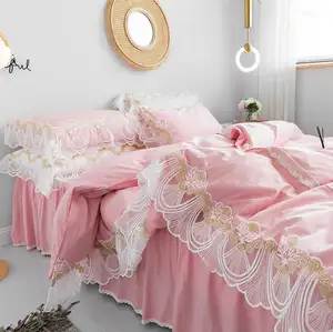 Set penutup bordir rok tempat tidur renda, sprei selimut merah empat potong gaya putri 100% katun