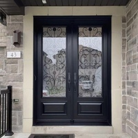 Puerta Doble de Entrada Clásica Francesa con Arco de Aluminio, Impermeable, con Ventanal, Vidrio Templado, Panel Tallado, Seguridad para Villa