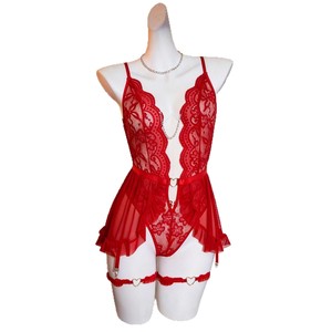 Body in pizzo rosa trasparente con reggicalze e volant, lingerie sexy per donna, per la <span class=keywords><strong>notte</strong></span> di nozze. - Product Image 5
