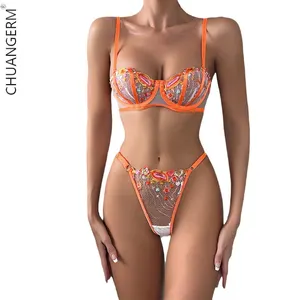 Chuangerm oem orange Floral Lace Lingerie Set Two Piece Matching Bra and Panty Set Valentine Sexy Lingerie for Women