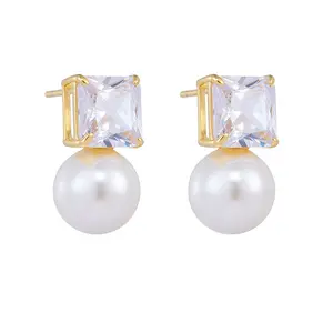 Trendy 925 sterling silver pearl and diamond earrings 18 carat gold plated pearl stud earrings