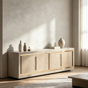 Buffet de salon de luxe avec revêtement en cuir, design italien, placage bois, 4 portes, éclairage LED, pour villa - Product Image 1