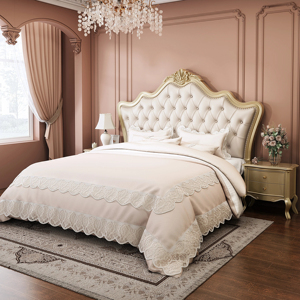 Cama de Princesa de Estilo Francés de Lujo, Cama Doble Tapizada de Madera Maciza Tallada, Cabecera Acolchada, Cama King/Queen Size para Recámara Principal - Product Image 1