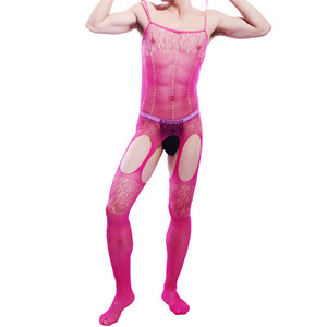 Combinaison sexy en résille pour homme, rose rouge, en spandex et polyester, tenue de danse exotique, coupe intégrale avec découpes sur les cuisses - Product Image 1