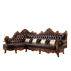 N319 American luxury style L shape corner sofa solid wood with genuine leather Love seat combination sofa for home furniture