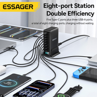 Station de charge multifonctionnelle ESSAGER US EU UK Plug 8 ports 380W pour ordinateur portable et téléphone, adaptateur secteur USB Type C à charge rapide