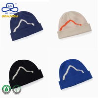 Bonnet tricoté noir personnalisé avec logo, motif montagne orange jacquard, revers plié, hiver, extérieur, unisexe, vente en gros