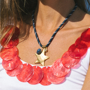 Nuevo Collar <span class=keywords><strong>de</strong></span> Estilo Europeo y Americano para Mujer con Colgante <span class=keywords><strong>de</strong></span> Corazón y Estrella <span class=keywords><strong>de</strong></span> Cinco <span class=keywords><strong>Puntas</strong></span>, Cordón <span class=keywords><strong>de</strong></span> Bambú Colorido, Oro <span class=keywords><strong>de</strong></span> 18k - Product Image 1