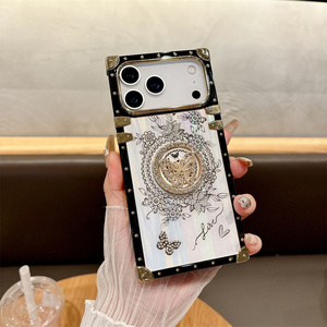 Diamond Square Butterfly Ring holder Phone <b>case</b> for iPhone 17 16 15 14 Pro Max Flower stand Love IMD Rainbow Bracket Back Cover - Product Image 6