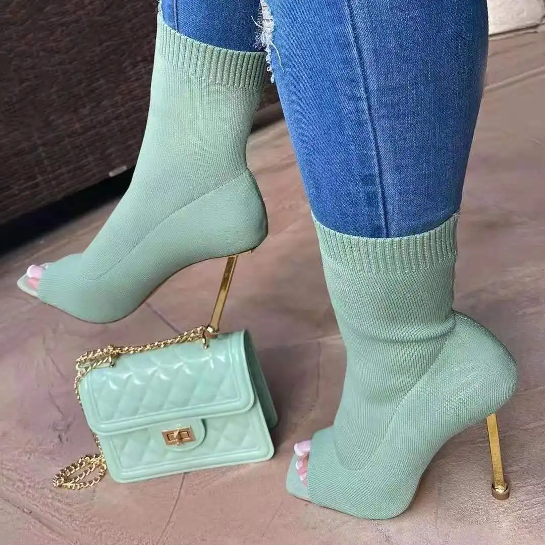 2021 new design hand bag set women fashion winter colorful purse and shoes set women's high heels sandal boots