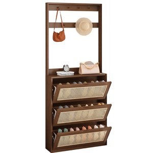 Solid Wood Rattan <b>Shoe</b> Cabinet Scandinavian Style <b>Storage</b> Unit <b>Space</b> <b>Saving</b> Entryway Organizer Modern Design Freestanding - Product Image 4