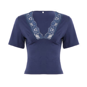 Camiseta de Punto Transpirable con Cuello en V y Parches de Encaje para Mujer, Manga Corta, Estampado Digital, Color Sólido, Blusa Casual Elegante - Product Image 6