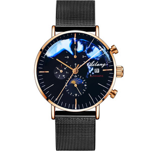 Ailang Men's Automatic Mechanical <b>Watch</b> Alloy <b>Case</b> Glass Crystal Black Dial Leather Strap 30M Waterproof Multifunctional - Product Image 1