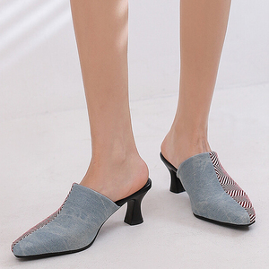 Women Color Mixed Sandals Big Size 48 Sexy Dress Stiletto Low Heels Pointy Toe on Mules Patchwork Slippers <b>Shoes</b> - Product Image 5