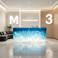 Expédition immédiate : Bureau d'accueil moderne en résine coulée, motif vague océanique bleu et blanc, finition brillante, écologique et durable, pour salon
