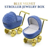 Boîte à bijoux vintage bleue en forme de poussette, étui à bibelots en plastique écologique avec roues dorées, personnalisable, cadeau de naissance, boîte à souvenirs
