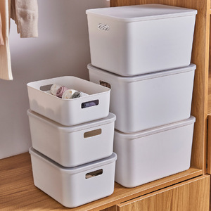 White Rectangle <b>Storage</b> Box With Lid <b>Stackable</b> Plastic Organizer Bin For <b>Wardrobe</b> Closet <b>Storage</b> - Product Image 3