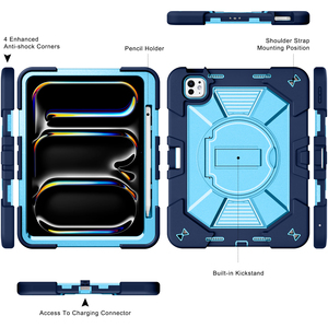 เคสแท็บเล็ตแบบไฮบริดซิลิโคนสำหรับ iPad Pro 11 นิ้ว, พร้อมขาตั้งหมุนได้ ที่เก็บปากกา และสายสะพายไหล่ - Product Image 3