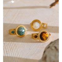 Bague ouverte large en acier inoxydable plaqué or PVD vintage JINYOU 8923 avec pierre naturelle ronde pour femme