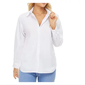 Women's Basic Button Up V Neck Long Sleeve 100% Cotton Blouses Casual Button Down Collar Work Dress Shirts Tops