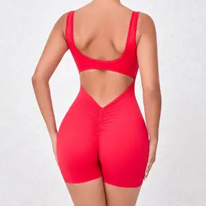 Macacão esportivo em forma de V para corrida e fitness, body para ioga, traje curto de uma peça, ideal para ioga