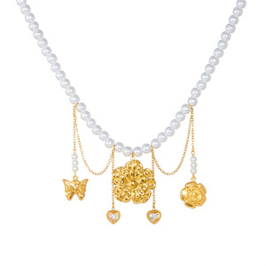 European Style Pearl Necklace Gold Plated Stainless Steel Multi Element Pendant Flower Star Heart Shape Party Jewelry - Product Image 5