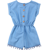 Vente en gros Vêtements tendance en denim pour bébés Combinaison à pompons pour bébés et filles et tout-petits Barboteuse solide Vêtements unisexes pour bébés