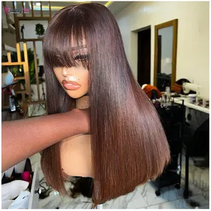 Glueless #4 Brown Straight Human Hair Wig With Bang Machine Made Wig 250 Density Bone Straight Hair Wig Brazilian Hair