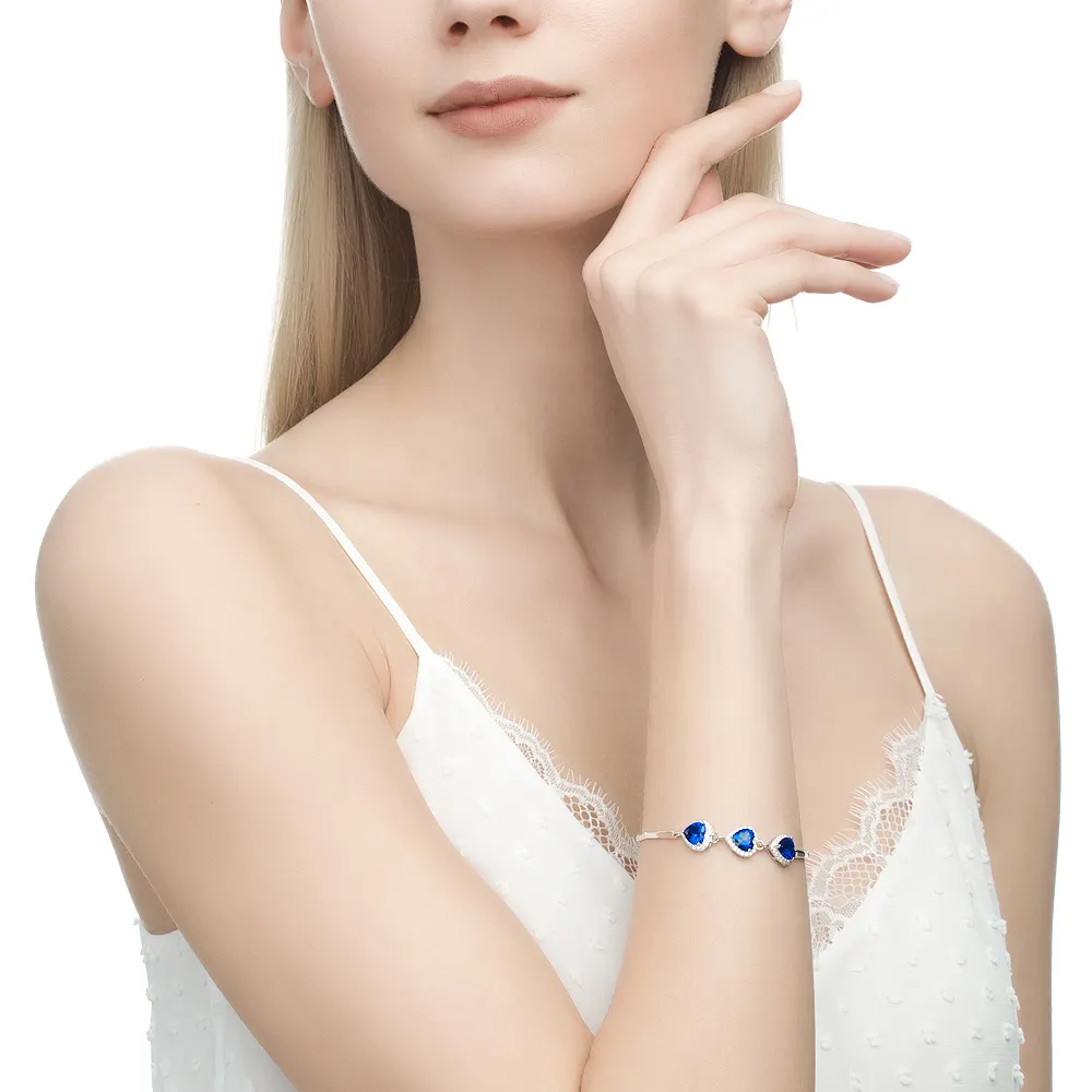 Hot Sale Women Party Jewelry Gifts 925 Silver Heart Zircon Bracelets Adjustable Blue Rhinestone Bracelet