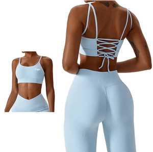Soutien-gorge de sport bleu clair avec dos lacé, maintien élevé, haut de sport pour femme, soutien-gorge de fitness sans coutures - Product Image 1