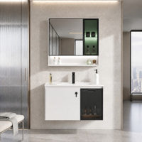 Meuble de salle de bain avec miroir, porte en verre alvéolé en aluminium, rangement ouvert, évier en céramique, noir et blanc, fixation murale