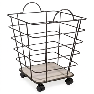 Chariot à linge industriel rustique noir en fil métallique, panier de rangement carré en métal mobile avec plateau de base solide et roulettes pour la lessive - Product Image 1