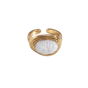 Bague de cocktail ovale incrustée de coquillages, plaquée or 18 carats, argent bicolore, large bande, bague statement, bijoux classiques pour femmes, à porter au quotidien - Product Image 2