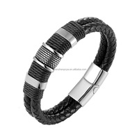 Bracelet en cuir tressé double couche pour homme POYA, fermoir magnétique en acier inoxydable noir, cadeau pour lui