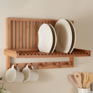 Wooden Wall Dish Rack <b>Shelf</b> With <b>Hooks</b> For Kitchen Storage Hanging Plate And Cup Organizer - Product Image 1