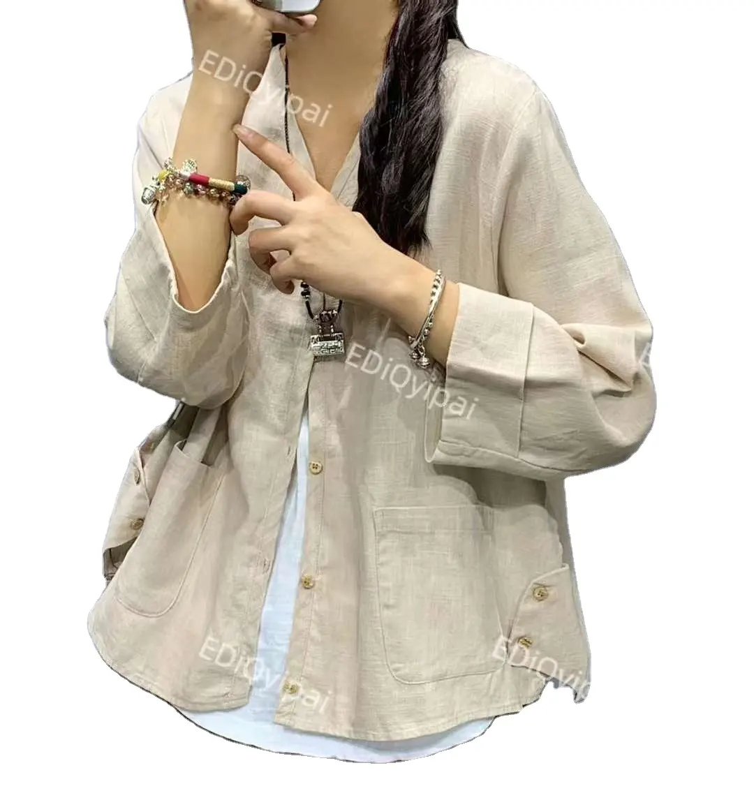 Ramie cotton cardigan back width design 2024 new Korean fashion casual commuter coat woman