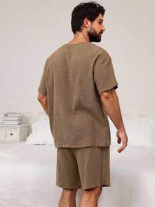Pyjama en bambou marron pour homme, logo personnalisé, vêtements en gros, pantalon de nuit, ensembles de pyjamas à manches courtes, vêtements de maison tricotés pour homme - Product Image 5