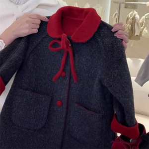 Child Star Circle Girls Wool Coat Mid Length Thick Winter With Peter Pan Collar Red Trim - Product Image 3
