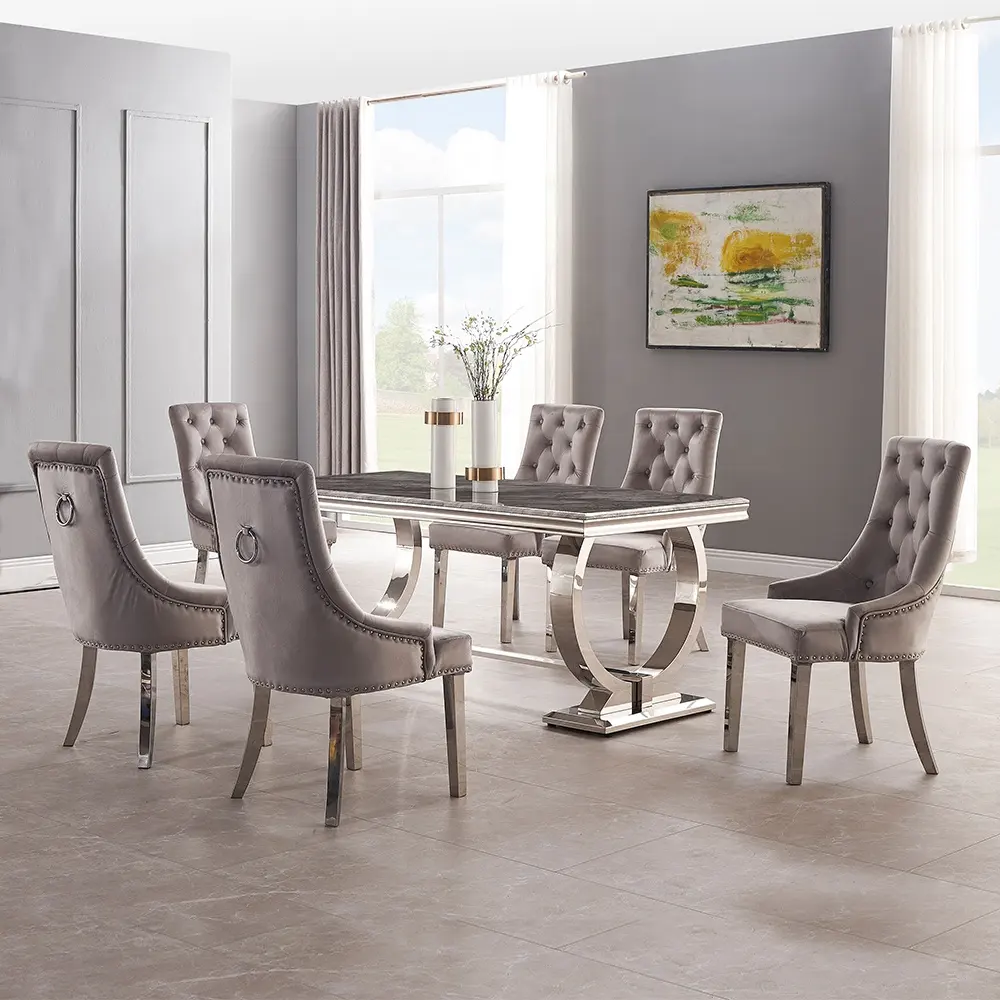 आधुनिक फर्नीचर रसोई खाने की मेज और 6 कुर्सी लक्जरी रेस्तरां धातु स्टेनलेस स्टील संगमरमर भोजन कक्ष सेट खाने की मेज