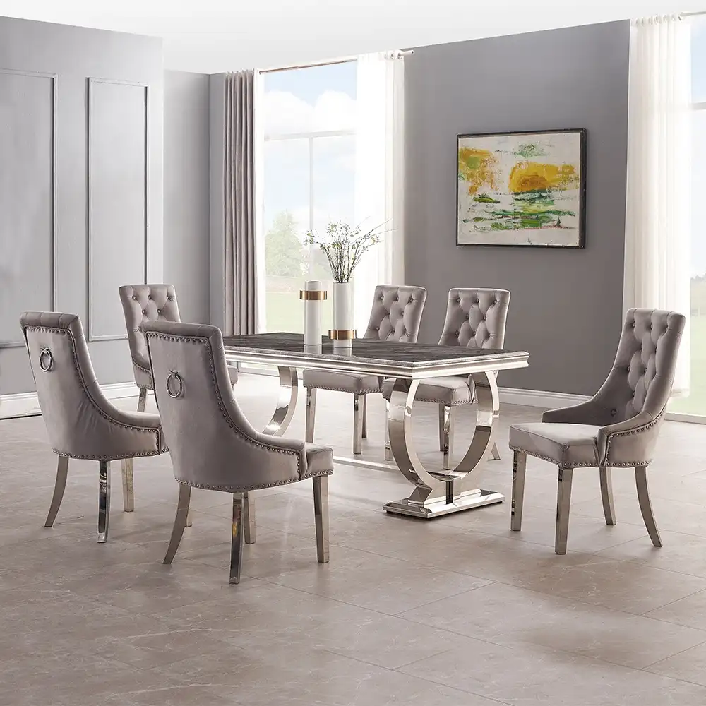 Modern mobilya mutfak yemek masası ve 6 sandalye lüks restoran metal paslanmaz çelik mermer yemek odası setleri yemek masaları
