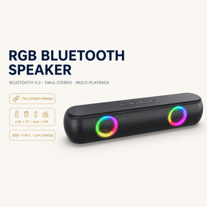 Barra de Sonido Estéreo Inalámbrica RGB BT 5.0 TWS, Altavoces de 5W X2 con Luz LED de Colores, Tipo-C, USB, AUX, TF, FM, Sistema de Cine en Casa para PC/TV - Product Image 1